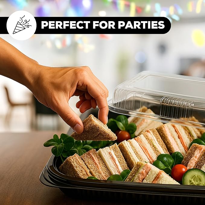 6 Pack Catering Trays with Lids – 13" Serving Tray with Lid, Heavy Duty Recyclable Plastic Party Platters for Catering, Buffet, Picnics & Events – Food Trays with Clear Lid (13.39 × 9.84 × 2.95 inch)