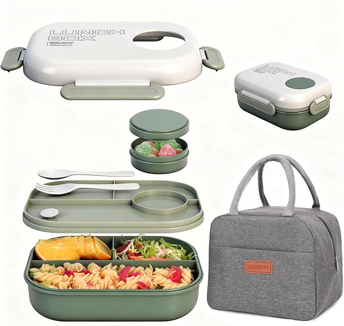 Lunch Bento Box Set - 3 Compartment Containers for Kids and Adults,lunch box for women with Thermo Lunch Bag, Leak-Proof and BPA-Free - Built-in Utensil Set,Sauce - Dishwasher Safe-Green