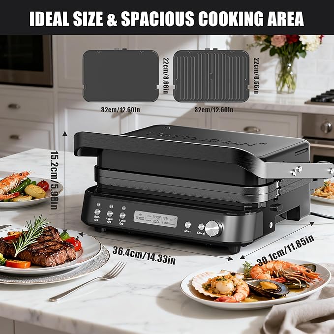 CATTLEMAN Panini Grill Press Sandwich Maker with Removable Plates, 1600W, 5 in 1 Smokeless Indoor Grill & Griddle with Meat Thermometer, PFAS Free Ceramic Nonstick Reversible Plates, Opens Flat