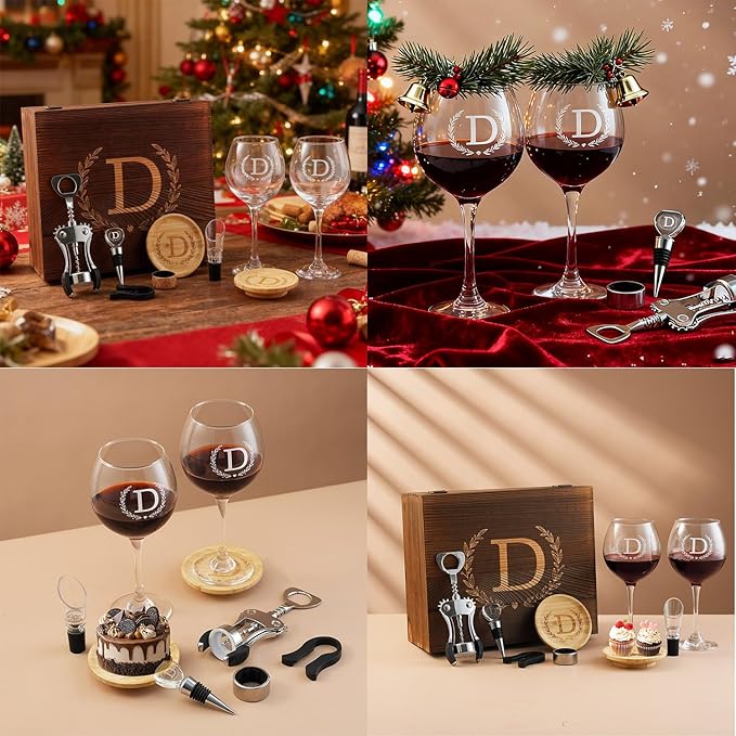 GZLDGIFTS Personalized Initial Wine Glasses Box Gift Set For Women Mom Engraved Birthday Monogrammed Wooden Christmas Gifts Wedding Anniversary Wine Couples Stopper Opener Initial Letterr (H Set)