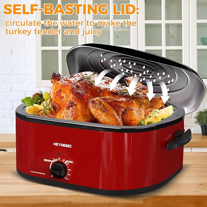 18 Quart Roaster Oven with Self-Basting Lid, Large Electric Turkey Roaster Oven with Defrost & Warm Function, Adjustable Temperature, Removable Pan & Rack, Stainless Steel, Red