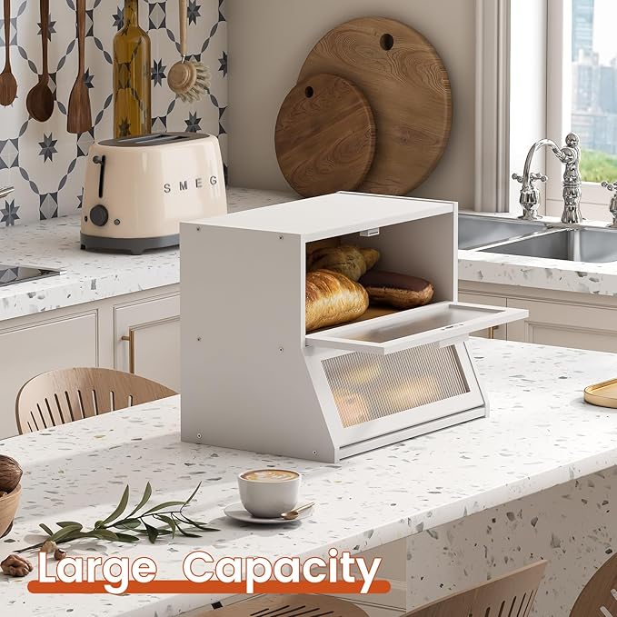 GHWIE Double Layer Bamboo Bread Box for Kitchen Counter,Large Capacity Bread Storage Bin,Bread Container with Acrylic Wavy Door Panel (White, Medium)