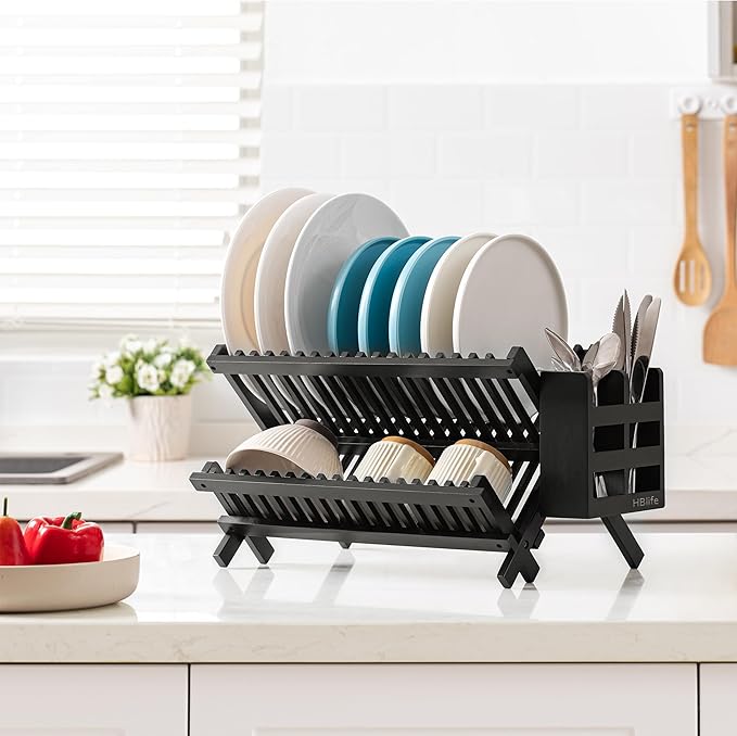 HBlife Dish Rack, Bamboo Folding 2-Tier Collapsible Drainer Dish Drying Rack with Utensils Flatware Holder Set (Dish Rack with Utensil Holder)