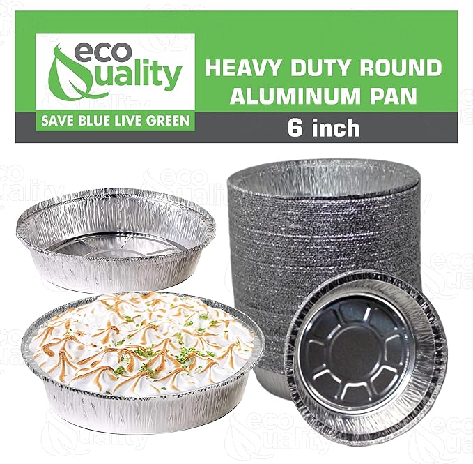 EcoQuality 6" Round Aluminum Foil Pans - Disposable Containers with Foldable Walls for Pie Baking, Cooking, Serving, Reheating, and Storing - Freezer and Oven Safe Tart Pan 150 Pack
