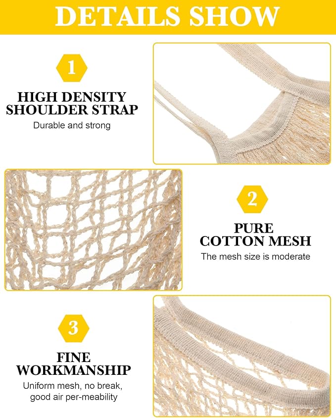 Woanger 24 Pcs Reusable Cotton Mesh Produce Shopping Bags Long Handle Washable Grocery Net Portable Fruit and Vegetable Cotton String Bags Beige Net Tote Organizer