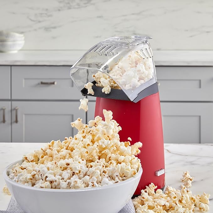 West Bend Air Crazy Series Hot Air Oil-Free Popcorn Popper Machine Features One-Touch Operation with Built-In Measuring Cup and On-Board Cord Storage, 4-Quart, in Red
