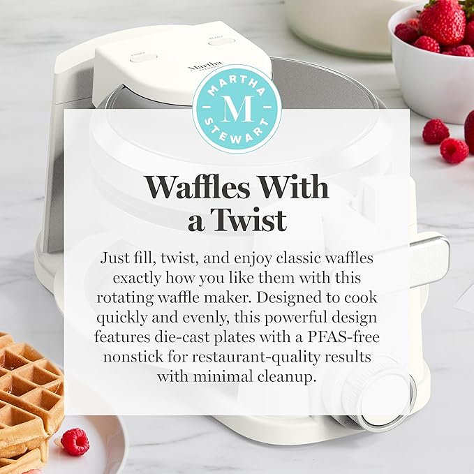 Martha Stewart Rotating Waffle Maker, 180° Flip Iron with PFAS-Free Nonstick Plates, Adjustable Timer, Ready Light, Drip Tray, Space Saving, Classic Round 7”, Easy to Clean, Stainless Steel, Linen
