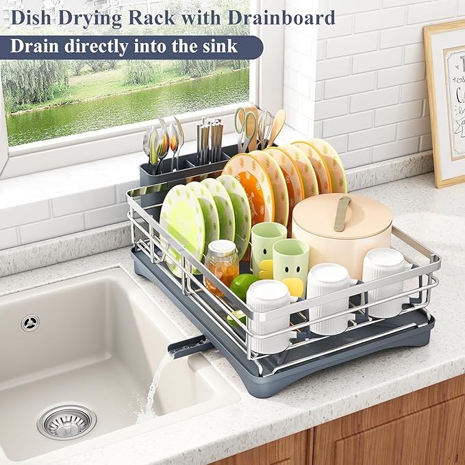 Dish Drying Rack - Stainless Steel Dish Rack for Kitchen Counter, Large-Capacity Dish Drainer with Cutlery Holder, Kitchen Organizer for Dishes, Spoons and Forks, Silver