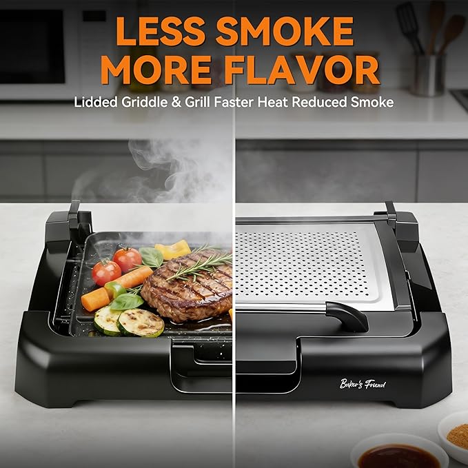 Baker’s Friend Indoor Searing Grill & Griddle, Electric Griddle with 2 in 1 Indoor Grill and Griddle Plate Indoor Grill with Removable Plate & Lid, Silicone Mold, Dishwasher Safe, Graphite