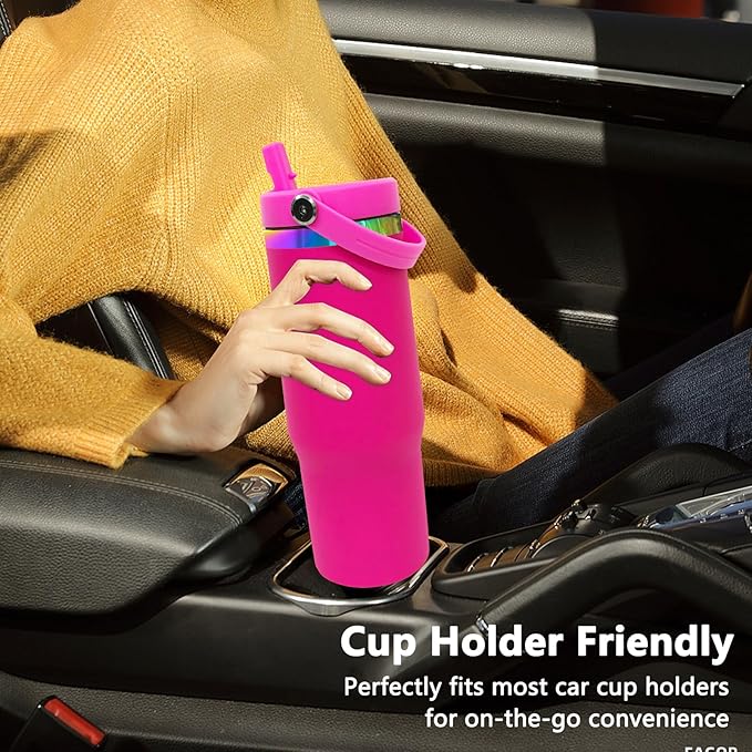 30 oz Tumbler Bulk with Handle and Straw, Vacuum Insulated Tumblers with Flip Straw and Top Handle, Leakproof Powder Coated Tumbler, Stainless Steel Travel Mug for Coffee Water (Rosy, 4 Pack)