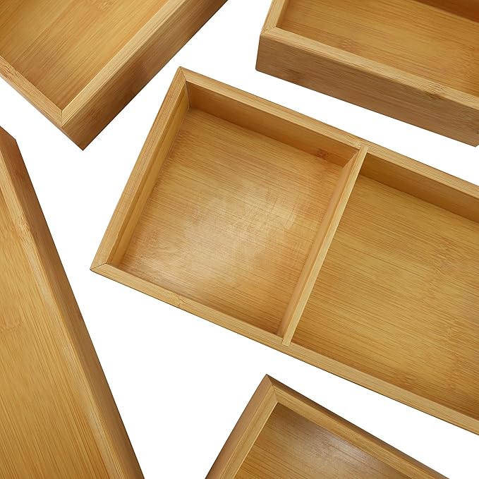 Elama 5 Piece Bamboo Wood Drawer Organizer Tray, Utensil Storage, Desk Drawer Storage (5 Piece Trays)