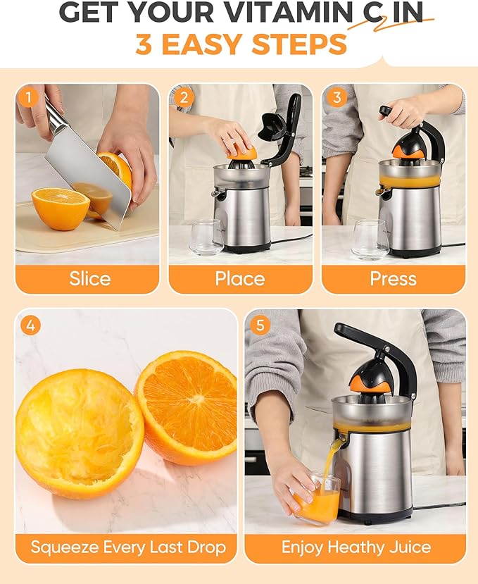 Electric Orange Juicer, Citrus Juicer Squeezer with 2 Interchangeable Cones, 160W Electric Juicer Machine with Stainless Steel Body & Transparent Juice Collector for Lime Grapefruit Lemon