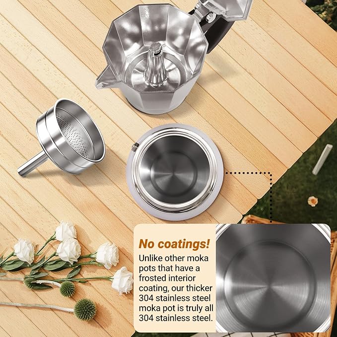 No Coating 6 Cup Aluminum and Stainless Steel Moka Pot Stovetop Espresso Maker Italian Coffee Machine 350ml 11.84oz Suitable for Gas Induction Stovetop Greca Coffee Maker Percolator Silver