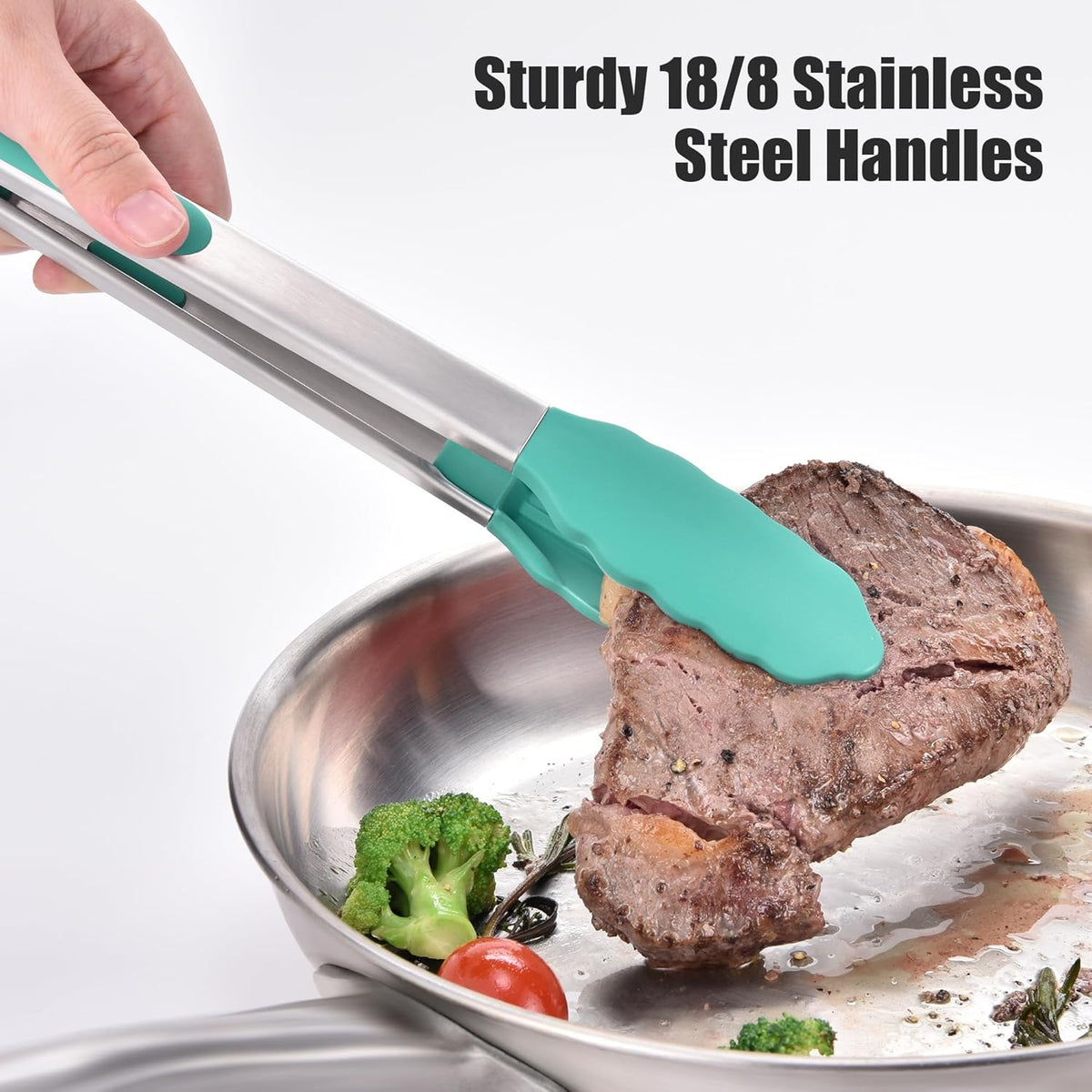 Doosu Kitchen Tongs for Cooking - 600°F Heat Resistant Food Tong Set with Non-Scratch Silicone Tips, Heavy Duty Stainless Steel Locking Tong for BBQ, Grilling Steak, Serving Salad (9+12in, Aqua Sky)