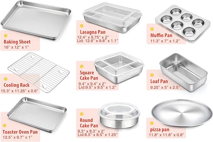 TeamFar Stainless Steel Bakeware Sets, Baking Sheet with Rack, Toaster Oven Pan & Pizza Pan, Lasagna Pan with Lids, Square & Round Cake Pan with Lids, Muffin & Loaf Pan, Healthy