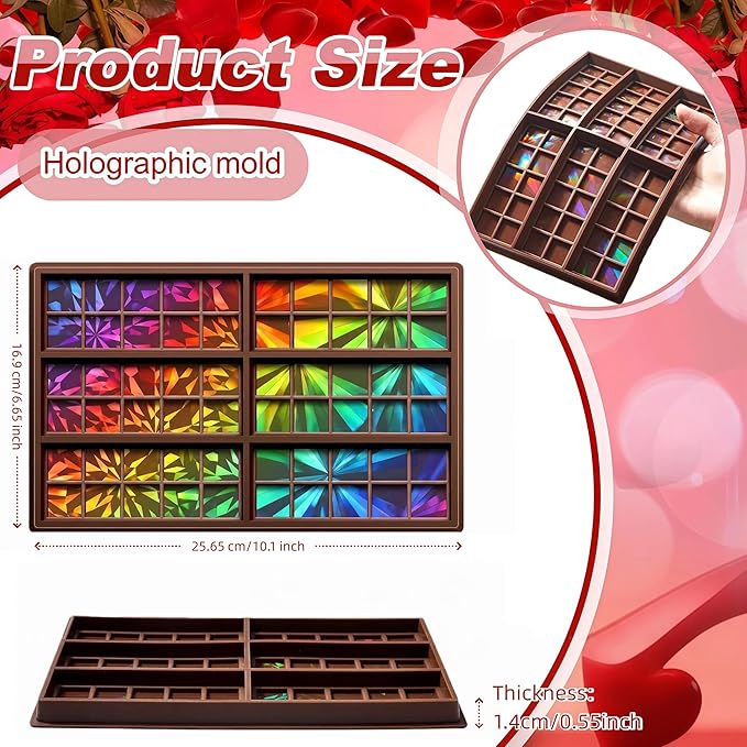 Ziliny Windmill and Diamond Holographic Chocolate Bar Mold Silicone, Rainbow Light Effect Chocolate Bar Deep Thick Molds for DIY Candy Dessert Baking, Candy, Wax Melts, Cake Decoration (Square)
