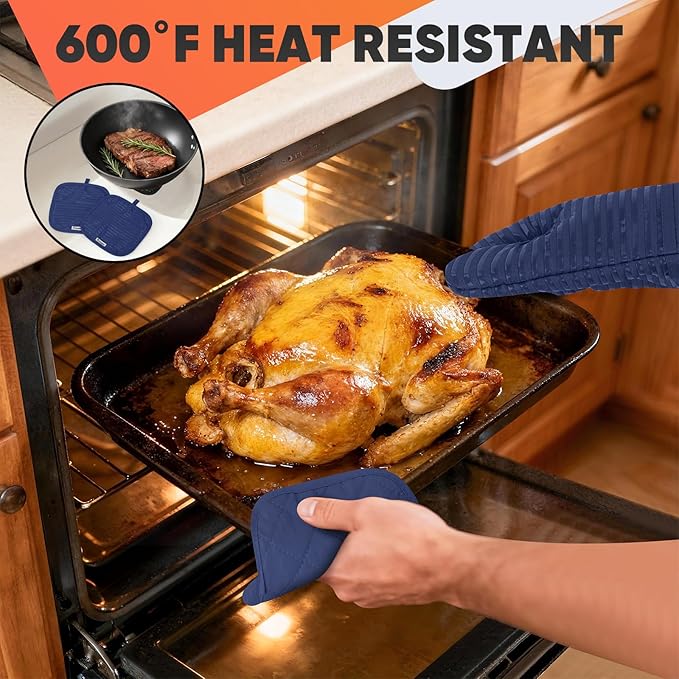 Oven Mitts Kitchen Towels and Dishcloths with Pot Holders Sets, Oven Gloves Hot Pads 500°F Heat Resistant with Silicone Grip, Include 2 Cooking Gloves/2 Potholders/4 Kitchen Towels/4 Dish Towels