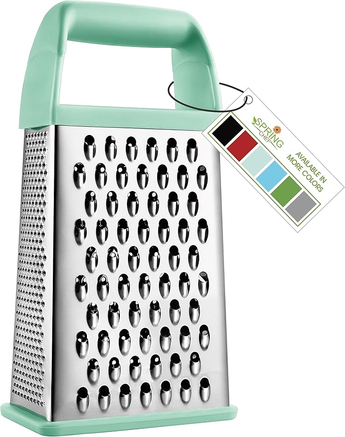 Spring Chef Professional 10" Stainless Steel Parmesan Cheese Grater with Handle, 4 Sided Handheld Box Grater, Kitchen Potato Shredder for Hash Browns, Hard Cheese, Ginger, Vegetables, Carrot - Mint