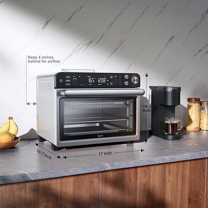 Typhur Sync Oven with Smart Wireless Meat Thermometer Probe, 12‑in‑1 Countertop Air Fryer Toaster Oven Combo, 360° Turbo Convection, Dehydrator, Recipes & 5 Accessories, Large 27QT, Stainless Steel