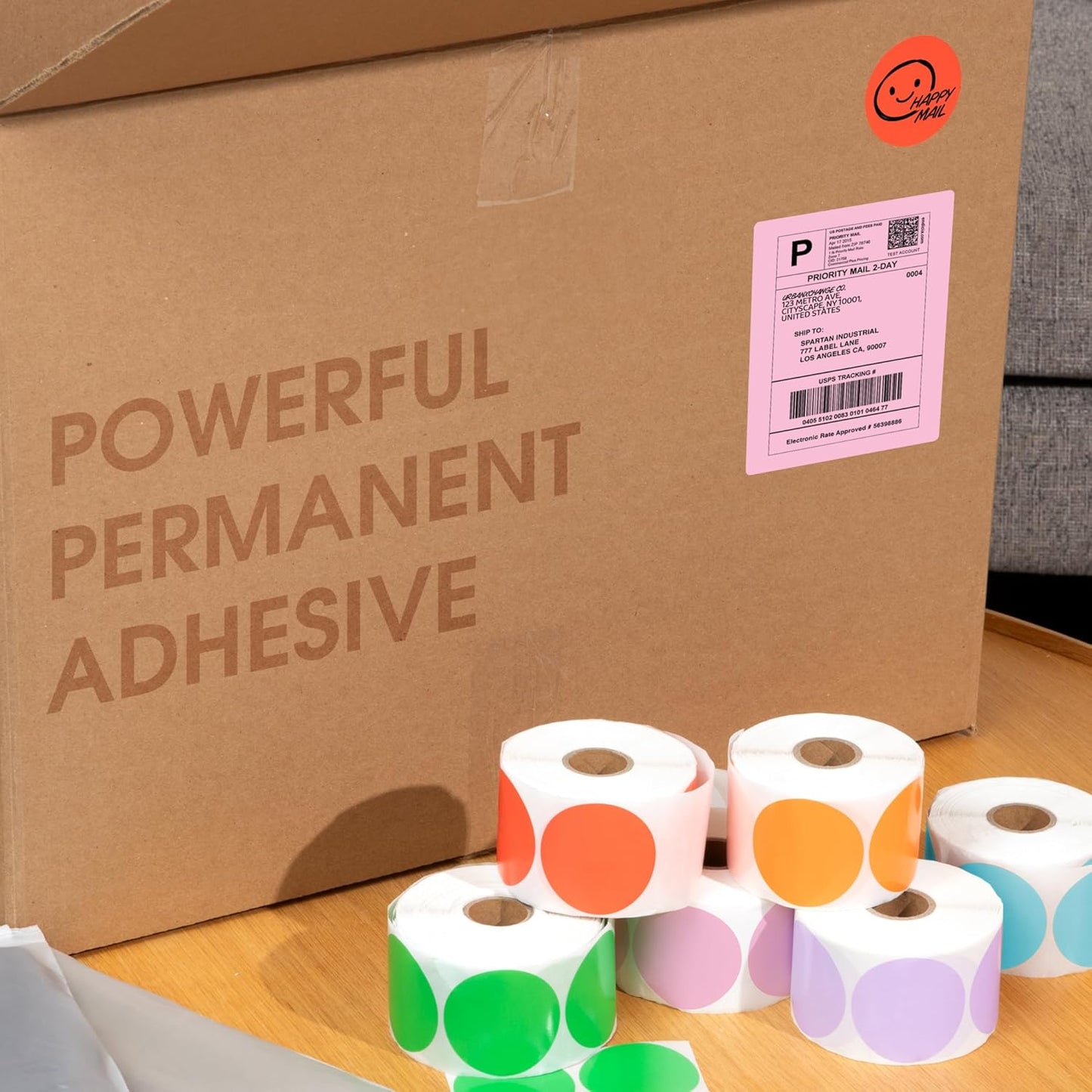 Spartan Industrial 2" Direct Thermal Multicolored Labels | Perforated Custom Circle Logo Stickers - Works with Rollo, Zebra, MUNBYN Desktop Printers - 5 Rolls, 750/Roll