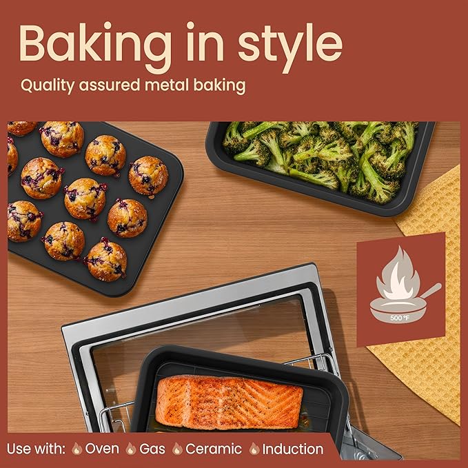 Bakken 4-Piece Bakeware Sets, Nonstick Carbon Steel Baking Sheet, Stackable Space-Saving Bakeware, Dishwasher Safe, Stain-resistant, PFOA, PFOS, & PTFE Free, Oven Safe Up To 450°F, Black