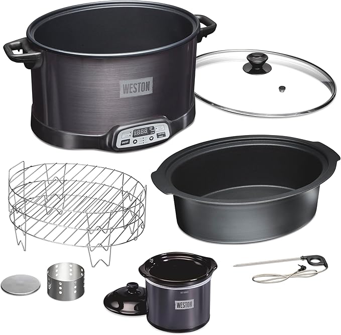 WESTON 2-in-1 Programmable Slow Cooker & Electric Indoor Smoker, 6 Quart, 3-Tier Smoking Rack for Meat, Cheese and More, Dishwasher Safe Crock, Temperature Probe, Includes 16 oz. Party Dipper, Black