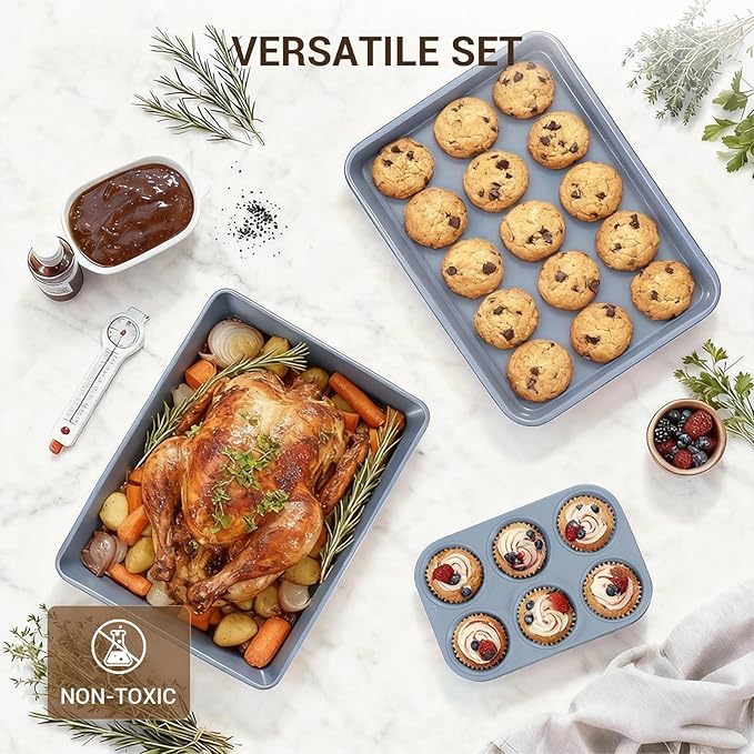 Ammeloo 22-Piece Baking Pans Set Stackable Bakeware Non Stick Baking Set Non Toxic Oven Pans, Including Roasting Pan, Cookie Sheets, Muffin Pans, Cake Pans, Oven Mitts and Utensils(Gray & Navy Blue)
