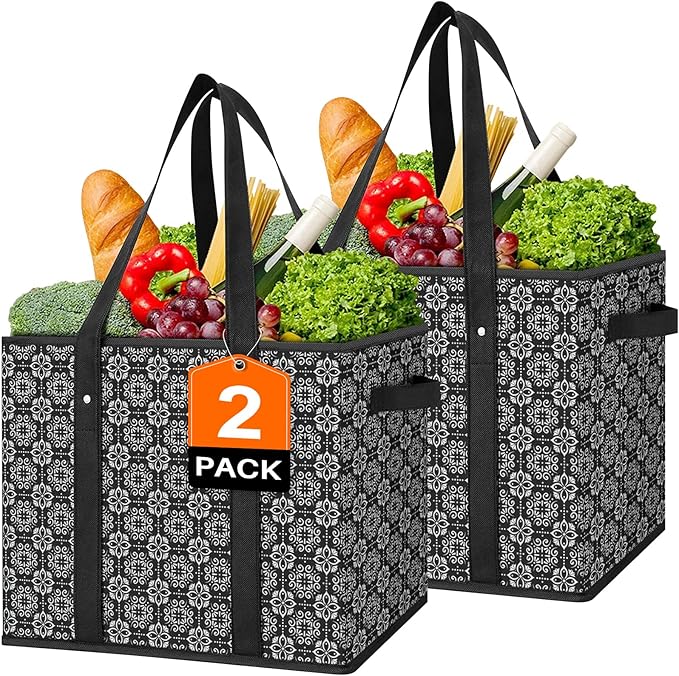 WISELIFE Reusable Grocery Bags [2 Pack],Large Grocery Tote Bag Water Resistant Shopping Bags Foldable Grocery Bag for Clothes,Shoes and Picnic,Black