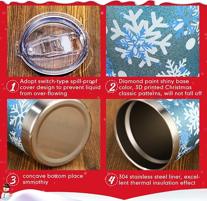 Sieral 4 Pack Christmas Glitter Tumbler Set 20oz Stainless Steel and Double Wall Insulated Travel Coffee Mug with Lid Straws and Brushes for Christmas Gift Friends