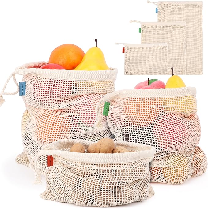 Pack of 6 Reusable Produce Bags Washable, 3 Sizes (2xS+2xM+2xL) Reusable Grocery Bags Heavy Duty Cotton Bag Mesh Bags for Vegetables, Enhanced Closure Edge, Double Stitched, with Tare Weight