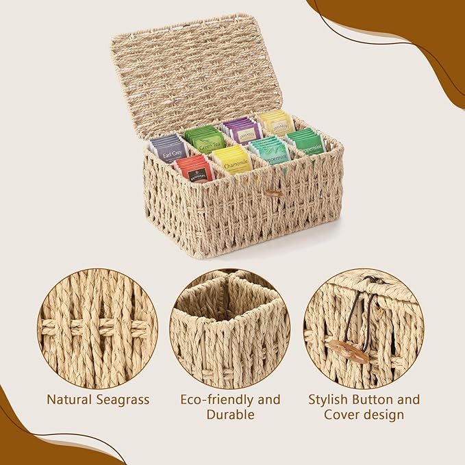 Sieral Tea Bag Organizer/Sugar Packet Holder with Lid 8 Compartment Paper Rope Woven Tea Storage Box for Chest Coffee Pill Condiment Organizer Wicker Divider Container for Countertop Drawer Shelf