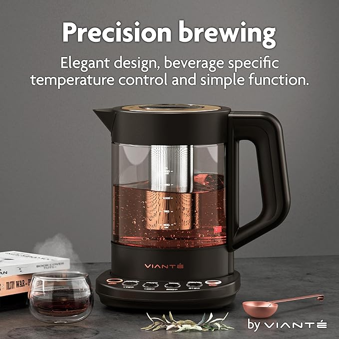 Vianté Electric Kettle With Infuser. No Plastic In Contact With Water. Hot Tea Maker With Temperature Control And Automatic Shut Off 1.5 Liters Capacity | Black Color