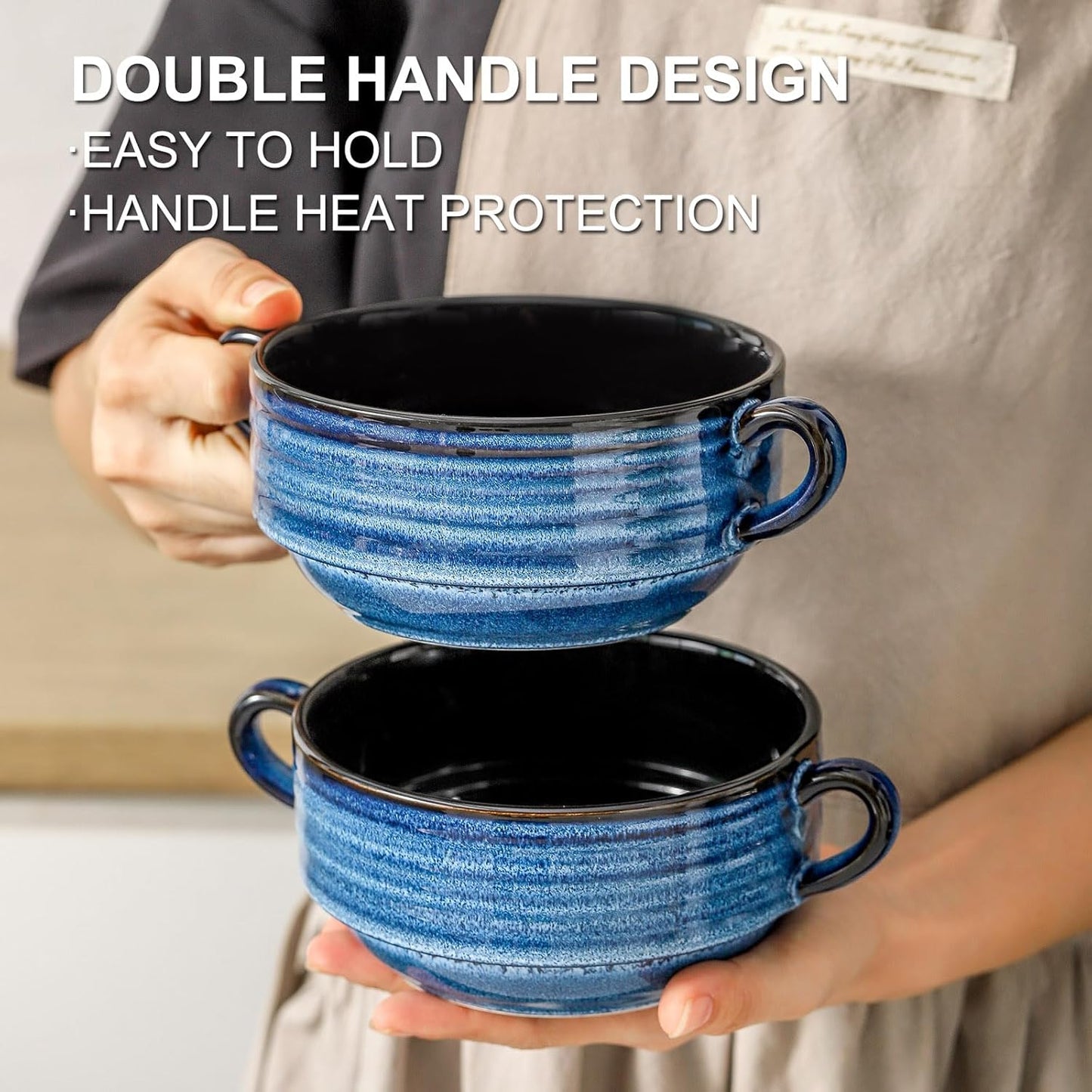 Hasense Soup Bowls with Handles, 20 oz Ceramic French Onion Soup Crocks Set of 4, Stackable Small Serving Bowls for Chili, Stew, Cereal, Microwave Oven and Dishwasher Safe, Blue