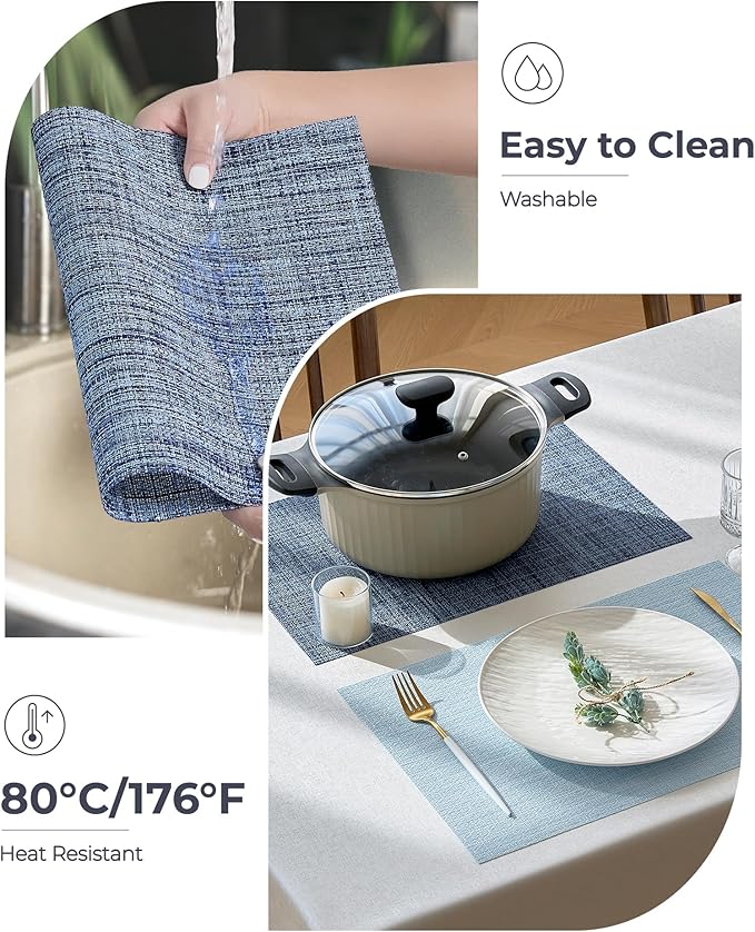 Leetaltree Deep Navy Woven Placemats Set of 4 - Heat Resistant Non-Slip Place mats for Dining Table, Washable Durable PVC Vinyl Woven Table Mats(Deep Navy, 4)