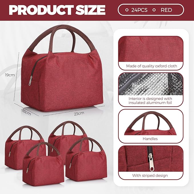 Chunful 24 Pcs Lunch Bags Bulk Insulated Reusable Lunch Bags Leakproof Tote with Aluminum Foil Interior Waterproof Thermal Tote for Women Adult Office Work Back to School Employees Picnic(Red)