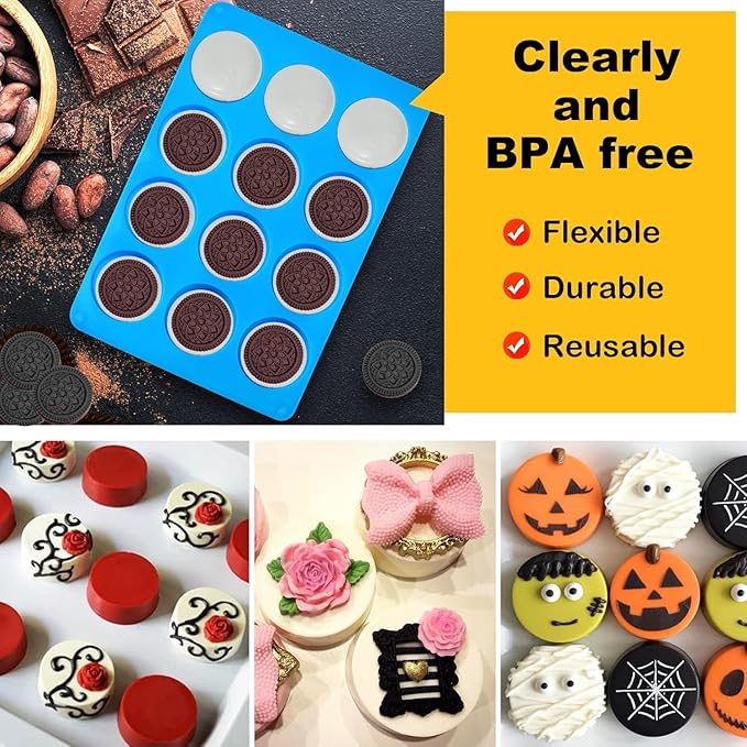 Sidosir 2Pcs Oreo Cookie Chocolate Silicone Mold, 12-Cavity Round Cylinder Oreo Chocolate Cover Molds for Candy, Silicone Baking Molds for Mini Cakes, Jelly