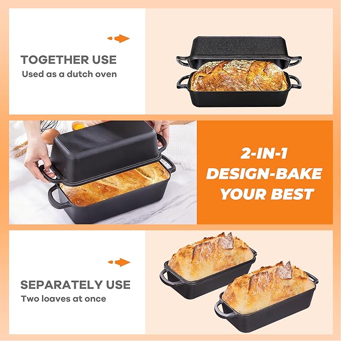 11x5 Inch Cast Iron Loaf Pan, 5.8 Qt Large Dutch Oven Loaf Pan with Lid, Sourdough Bread Baking Pan for Homemade Bread|Meatloaf, Even Heat Distribution & Oven Safe up to 500°F