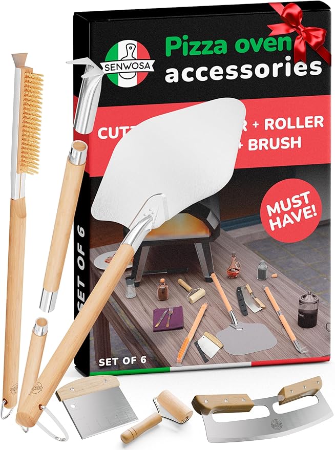 Senwosa Premium Pizza Oven Accessories Kit - 6-Piece Set for Home Pizza Making: Includes Pizza Peel, Oven Brush, Bubble Popper Turner, Rocker Cutter, Dough Roller & Scraper