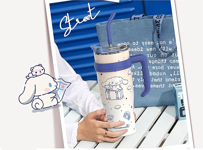 Cinnamoroll Stainless Steel Insulated Tumbler with Lid, Straw & Handle 1200ml - XL Size, White