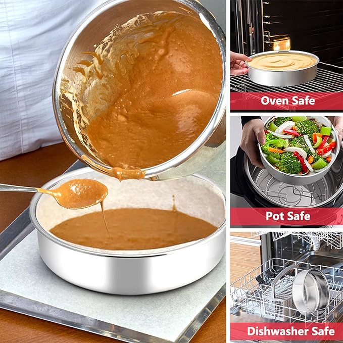 P&P CHEF 8 Inch Cake Pan Set of 2, Stainless Steel Round Baking Layer Cake Pans, Non Toxic & Healthy, Leak-proof & Easy Clean, Mirror Finish & Easy Releasing, Oven & Dishwasher Safe