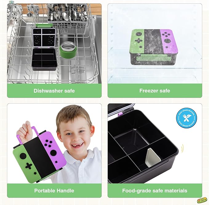 Game Bento Box for Kids, Lunch Box with Thermo(9oz Food Jar), Folding Spoon, Removable Divider & Sauce Cup, Lunch Box Kids for School,Travel, BPA-Free & Realistic Shape (Green-Purple)