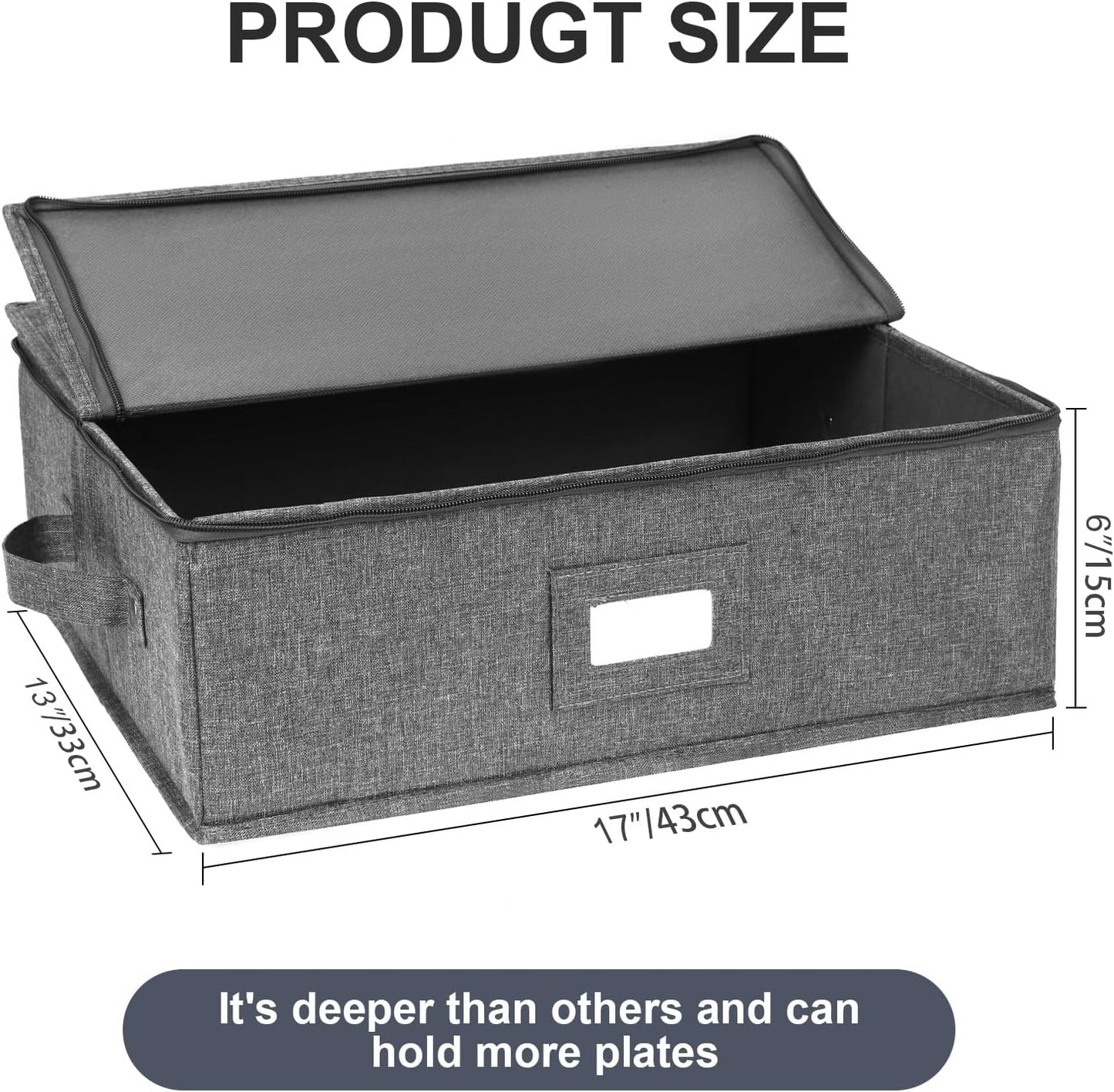 Platter Storage Case, China Storage Containers Hard Shell 17" x 13" x 6", 5 Felt Dividers Included, Structured Top and Stackable (Linen Grey)