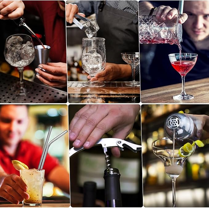 Cocktail Shaker Set Bartender Kit, Godmorn 15Pcs Bartender Shaker Set, 304 Stainless Steel Martini Shaker and Strainer, Bar Tool Set with Bamboo Stand, Recipe Book, for Home and Bar Party