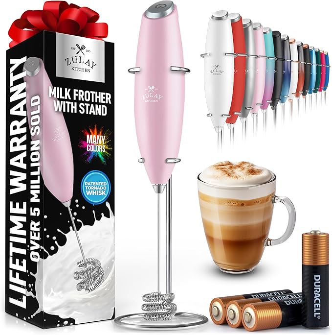 Zulay Kitchen Patented Tornado Triple Whisk Milk Frother with 4 Duracell Batteries – Handheld Foam Maker for Coffee, Lattes, Matcha & Hot Chocolate – Rich, Creamy Froth in Seconds - Candy