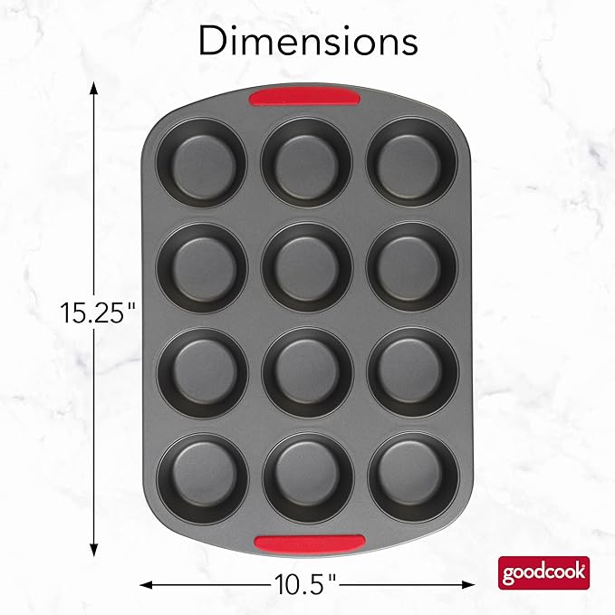 GoodCook MegaGrip 12-Cup Muffin Pan with Silicone Grip Handles Perfect for Cupcakes Durable Heavy-Gauge Steel Construction Scratch-Resistant Nonstick Coating, 15.5x10.5-Inch, Gray