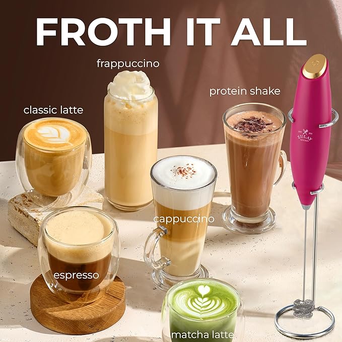 Zulay Kitchen Patented Tornado Triple Whisk Milk Frother with 4 Duracell Batteries – Handheld Foam Maker for Coffee, Lattes, Matcha & Hot Chocolate – Rich, Creamy Froth in Seconds - Pink & Gold