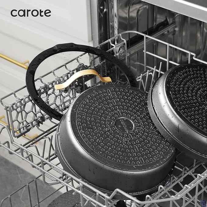 CAROTE 20pcs Pots and Pans Set Non Stick, Nonstick Cookware Set, Dishwasher/Oven/Fridge Safe Pots and Pans, Removable Handle RV Oven Safe Cookware, Induction Kitchen Set, Black