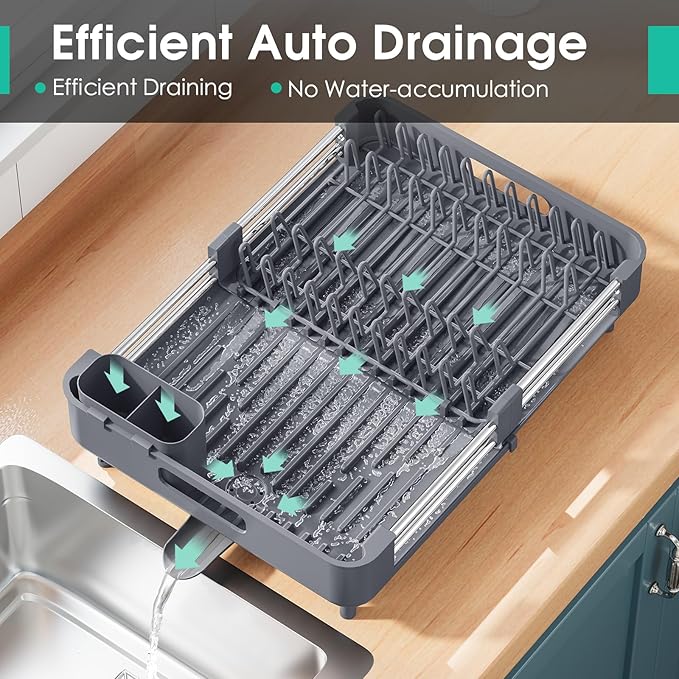 TOOLF Dish Drying Rack, Expandable Dish Rack for Kitchen Counter, Anti-Rust Dish Drainer, Sink Organization and Storage Essentials with Cutlery & Cup Holder, Gray