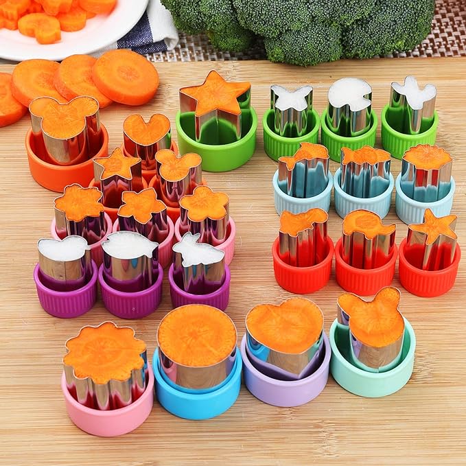 Vegetable Cutter Shapes Set, 24pcs, Mini Cookie Cutters Set Fruit Cookie Pastry Stamps Mold with 30pcs Food Picks and Forks -for Kids Baking and Food Supplement Tool Accessories