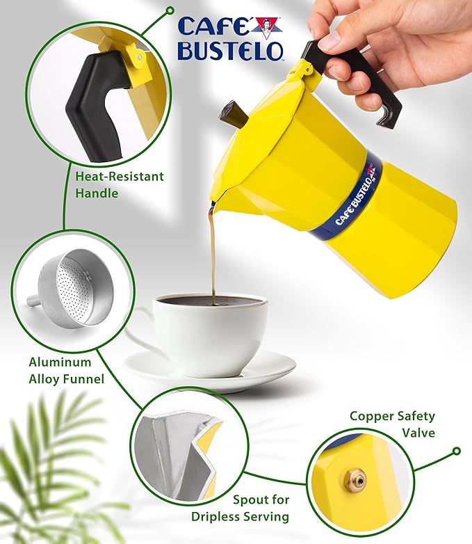 LORD'S ROCKS Café Bustelo Stovetop Espresso Maker – 300 ml Cup Moka Pot Coffee Percolator, Durable Aluminum with Heat-Resistant Handle, Bold Yellow Design – Authentic Café-Style Coffee at Home